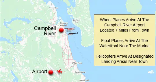 Map showing Campbell River arrival points for wheel plane, float plane, and helicopter charter service