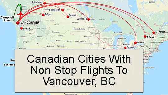 Map showing non-stop airline flights from major Canadian cities to Vancouver