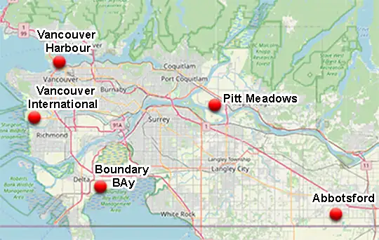 Map showing Vancouver area airports used for charter flights to Campbell River