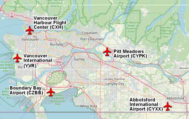 Map of Vancouver area airports serving charters
