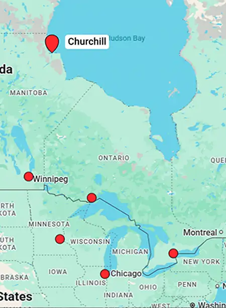Static map showing charter flight routes to Churchill, Manitoba