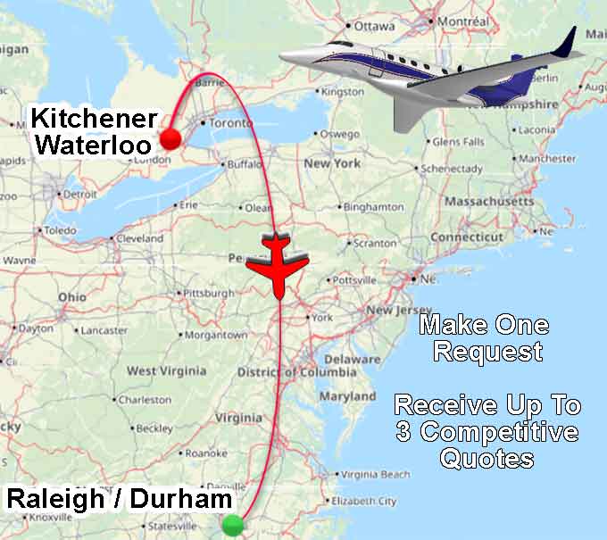 Route map Kitchener (YKF) to Raleigh–Durham (RDU)