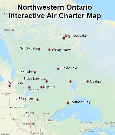 Static map showing charter flight routes to Webequie, Ontario
