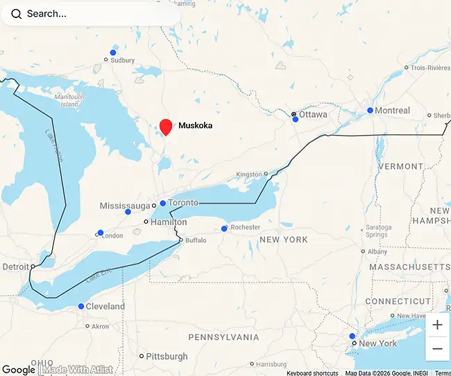 Static preview map showing charter flight routes to Muskoka, Ontario