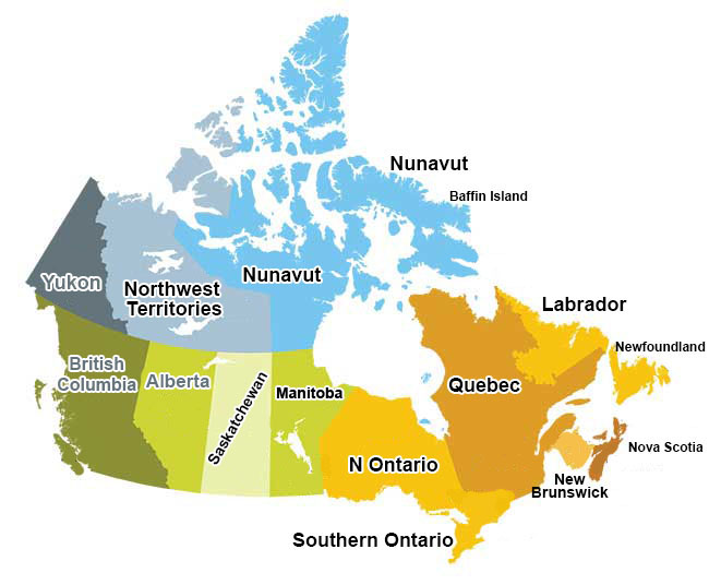 Map of Canada highlighting charter flight destinations
