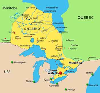 Kitchener / Waterloo charter flights map